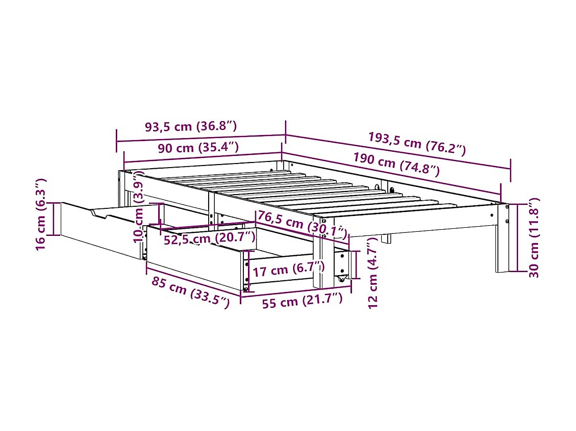 Bedframe met lades massief grenenhout wasbruin 90x190 cm
