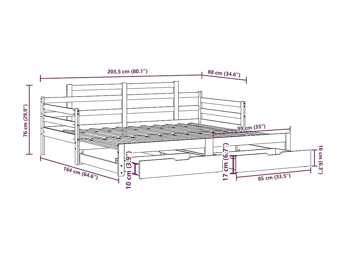 Sofá cama nido con cajones sin colchón 80x200 cm