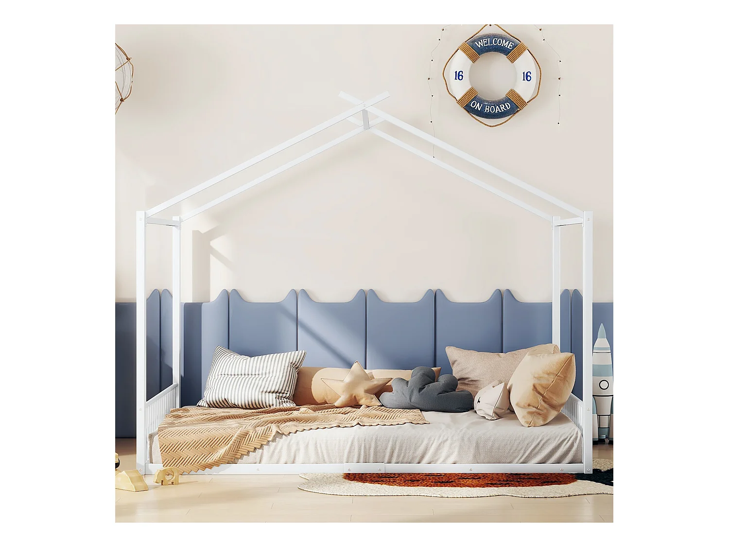 Cama infantil 140x200 cm metal MDF forma casa dormitorio niño niña blanco