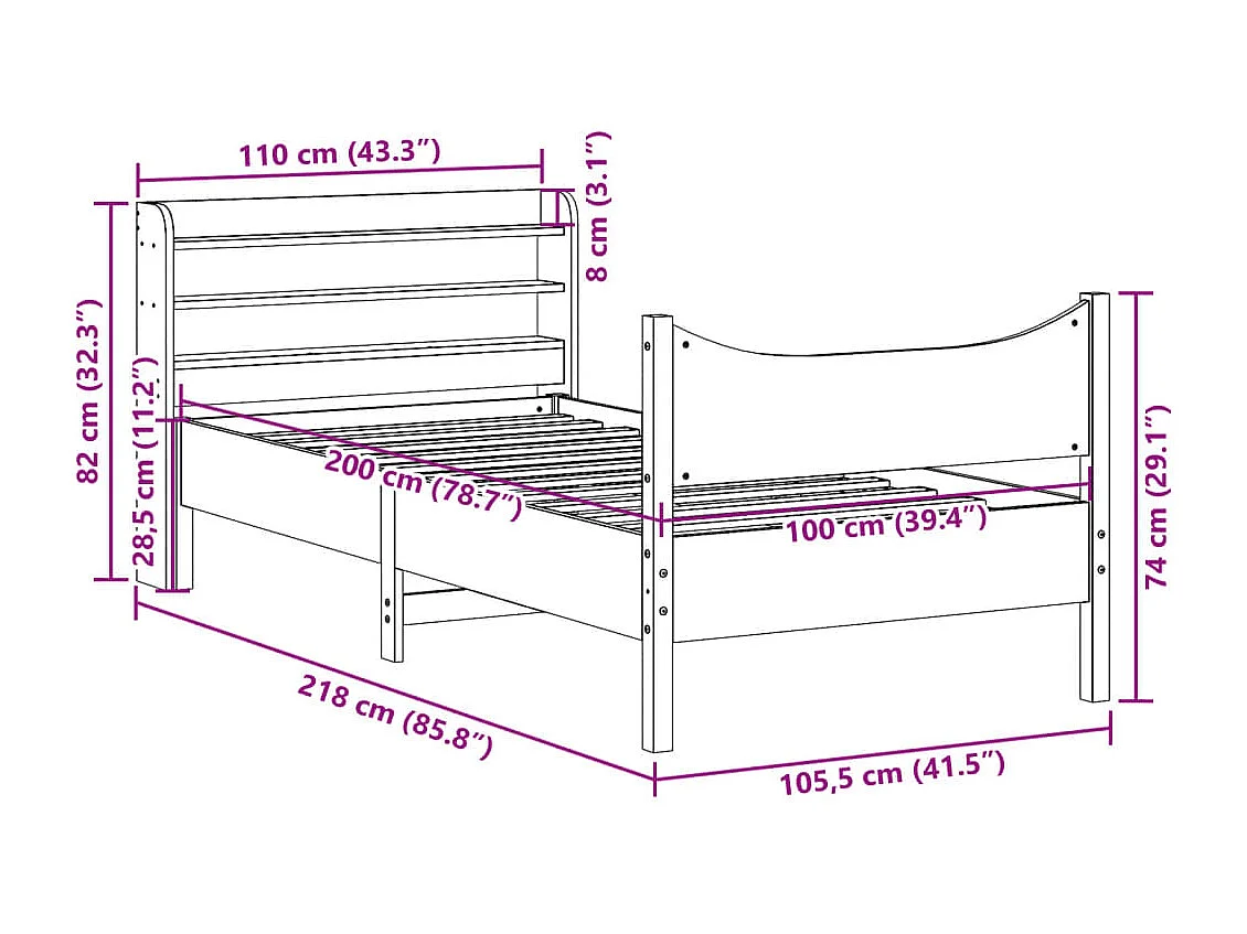 Estrutura de cama com cabeceira 100x200cm pinho maciço branco