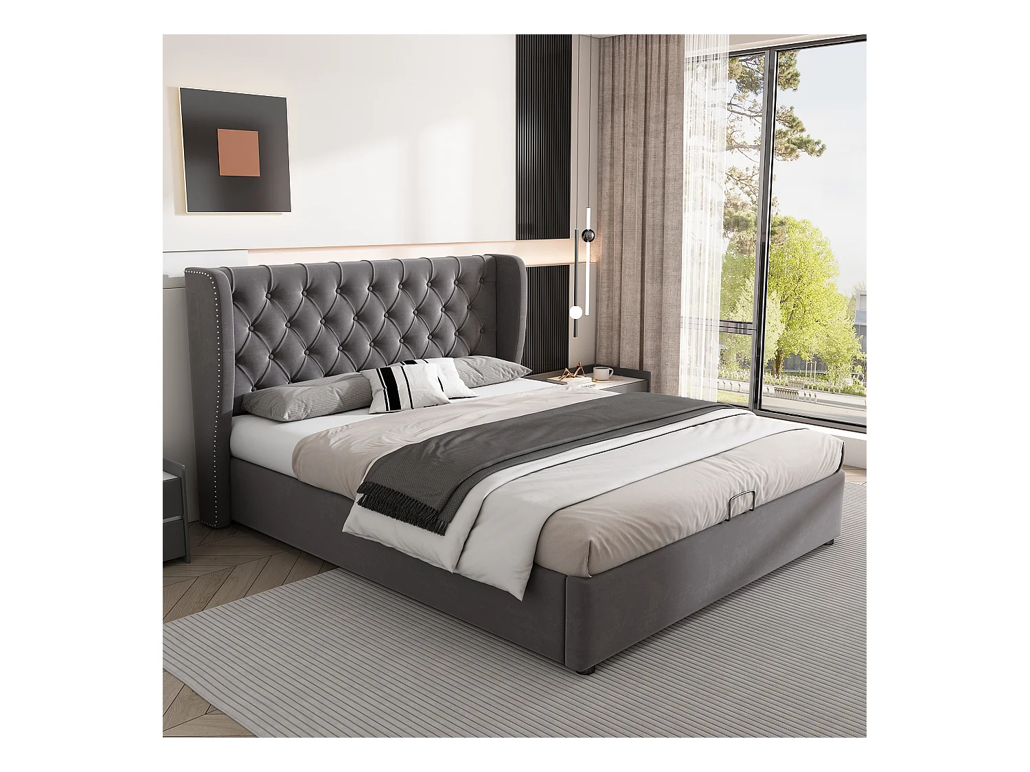 Cama de casal 140x200 veludo cinza com armazenamento hidráulico e cabeceira acolchoada