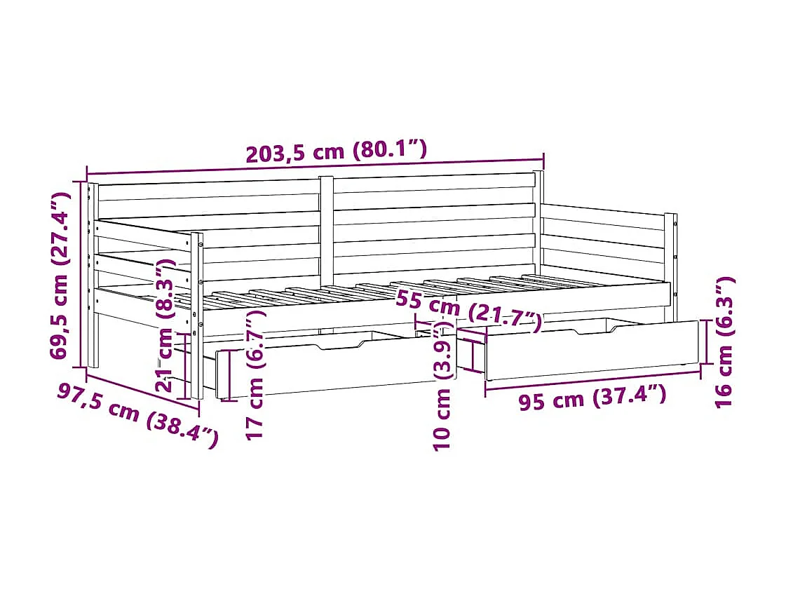Tagesbett mit Schubladen 90x200 cm Massivholz Kiefer