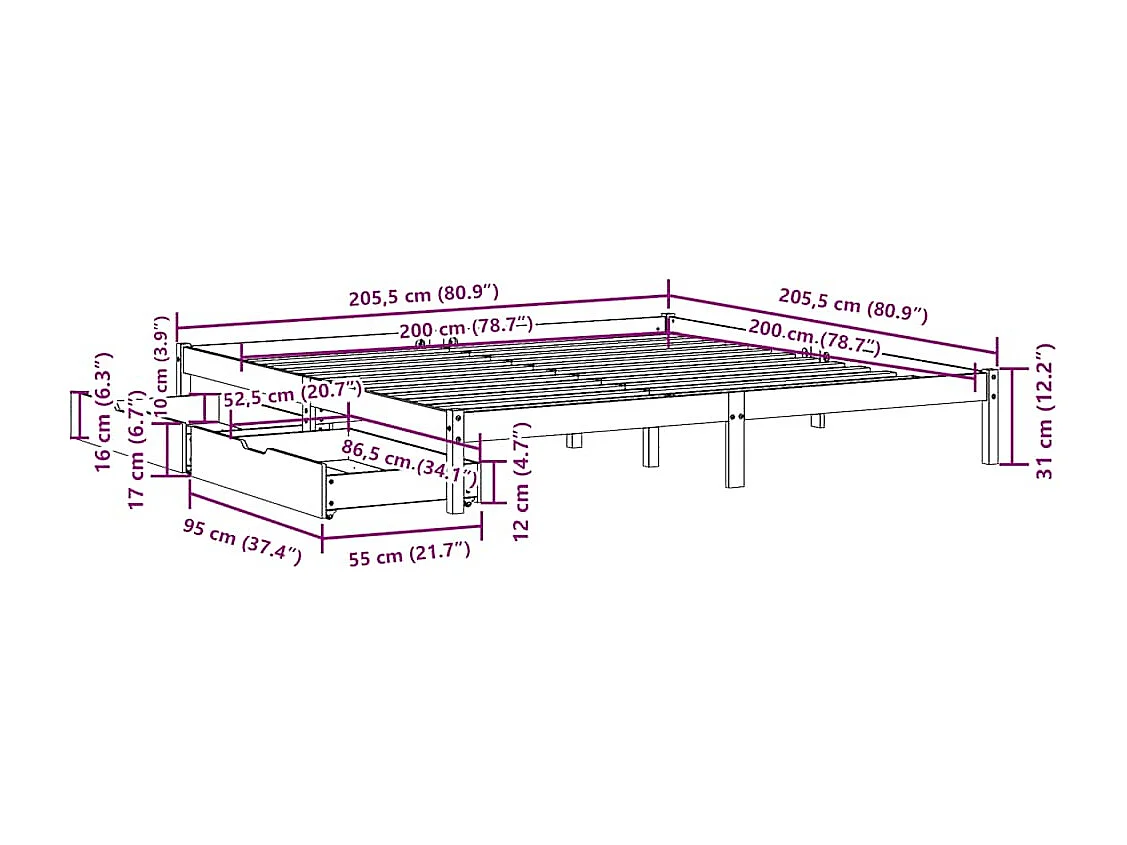Bedframe zonder matras massief grenenhout wasbruin 200x200 cm