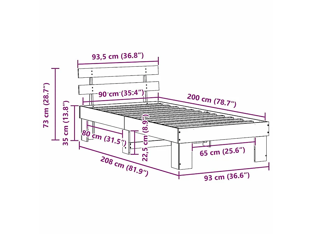 Cadre de lit avec tête de lit Naturel 90 x 200 cm Pin massif