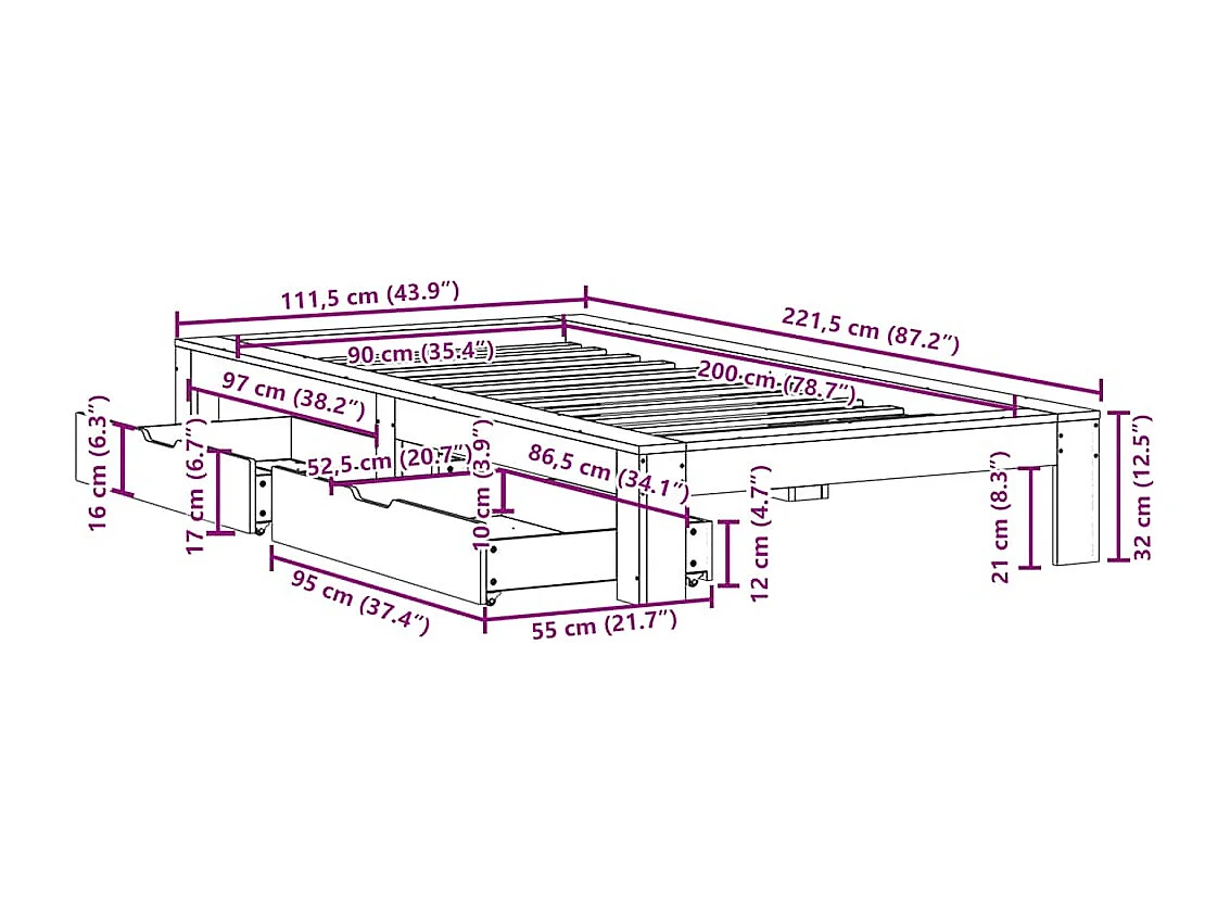 Giroletto senza Materasso Marrone Cera 90x200 cm Massello Pino