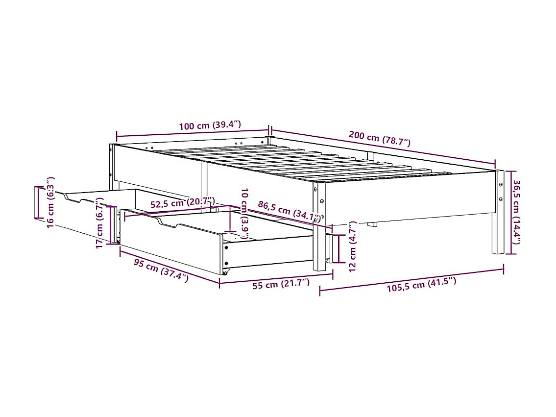 Cadre de lit sans matelas cire marron 100x200cm bois pin massif