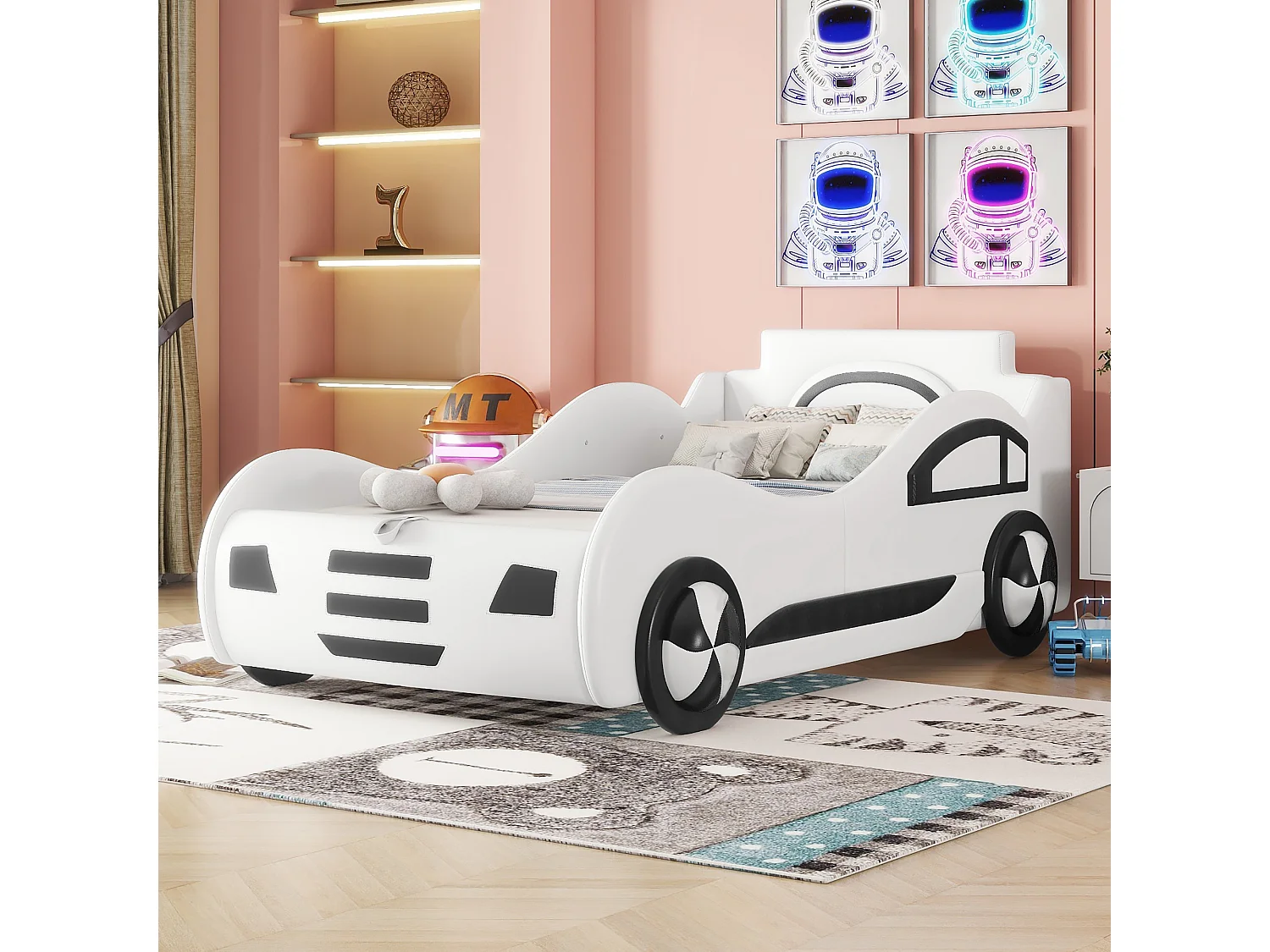 Cama infantil 90x200 em formato de carro em PU com estrado de ripas e arrumação branca