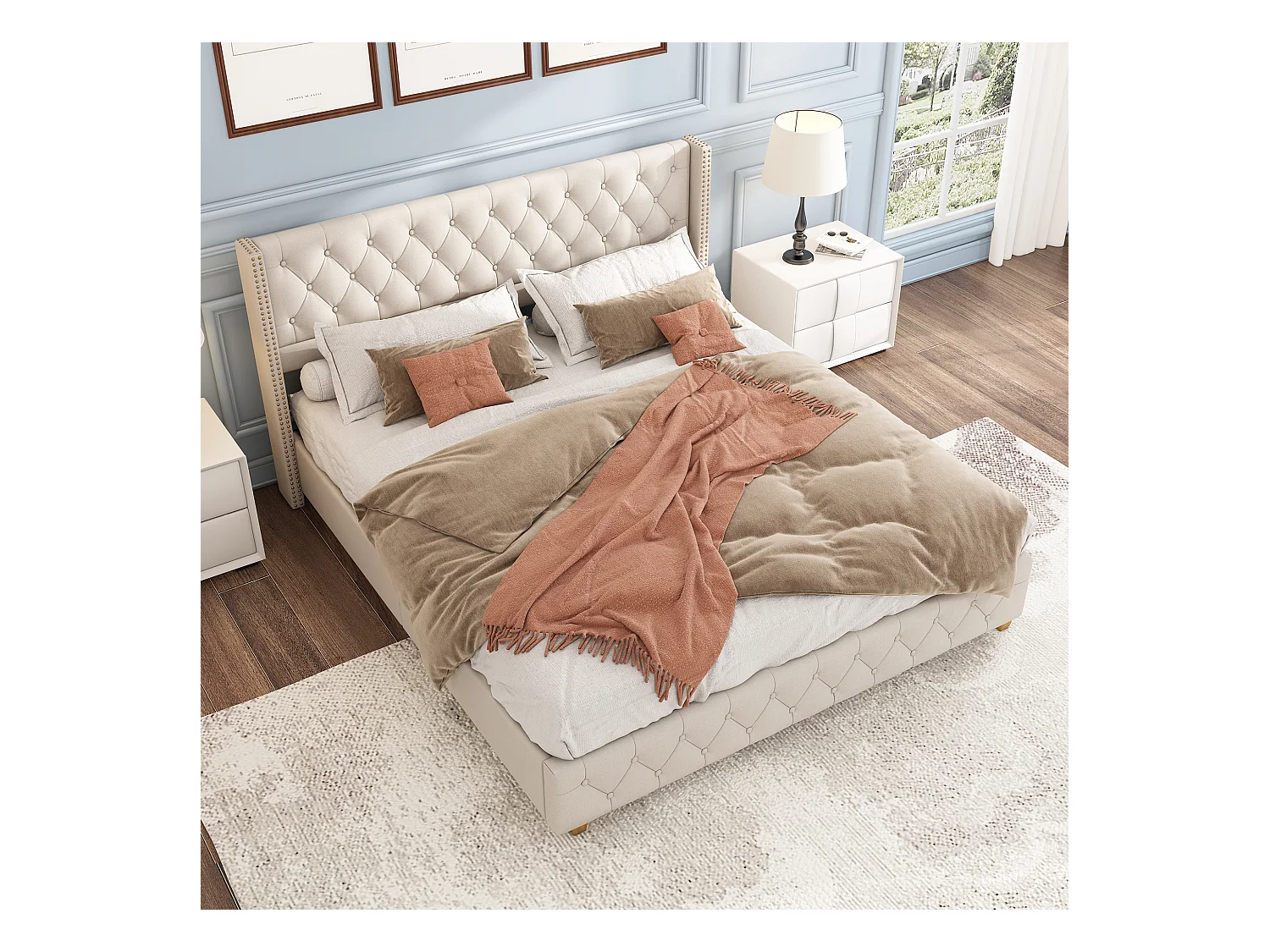 Cama tapizada 160x200 cm en lino beige con cabecero capitoné y patas de madera