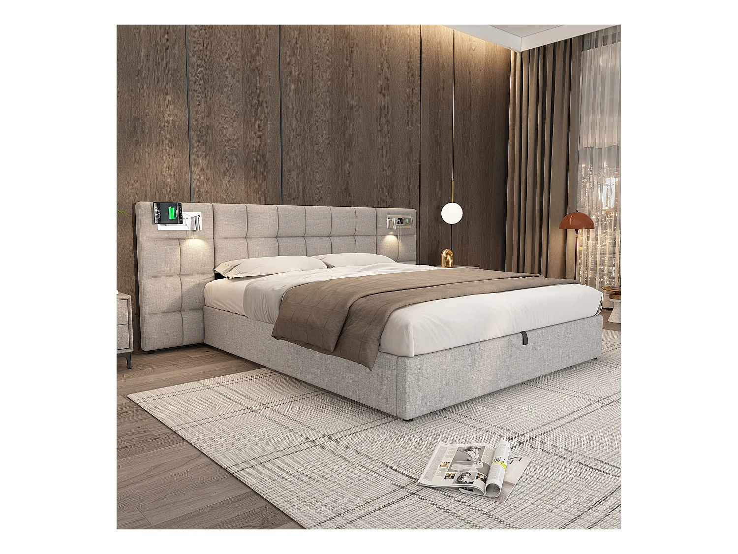 Lit adulte 180x200 cm rembourré lin avec USB, charge sans fil, éclairage et rangement gris