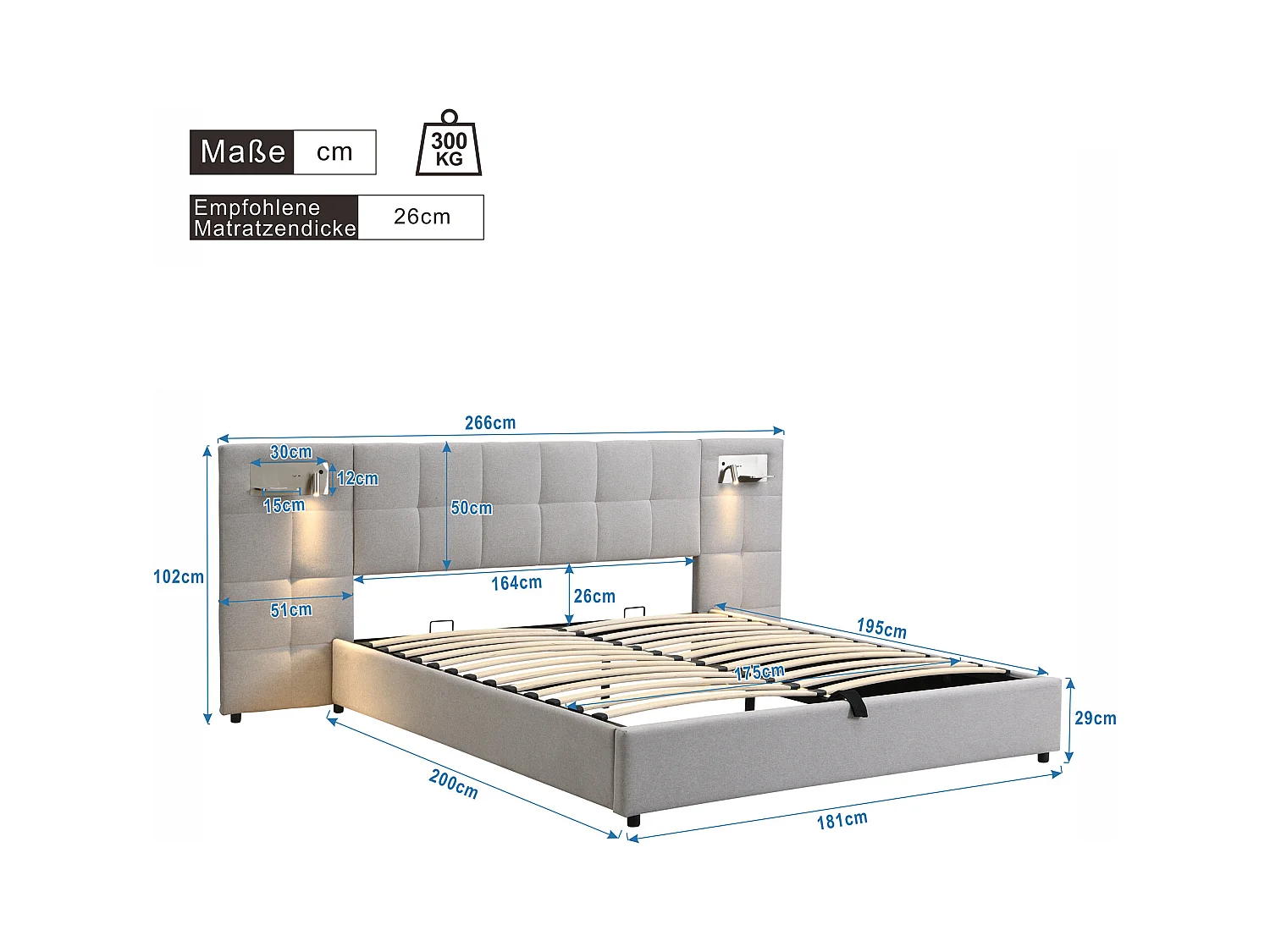 Lit adulte 180x200 cm rembourré lin avec USB, charge sans fil, éclairage et rangement gris