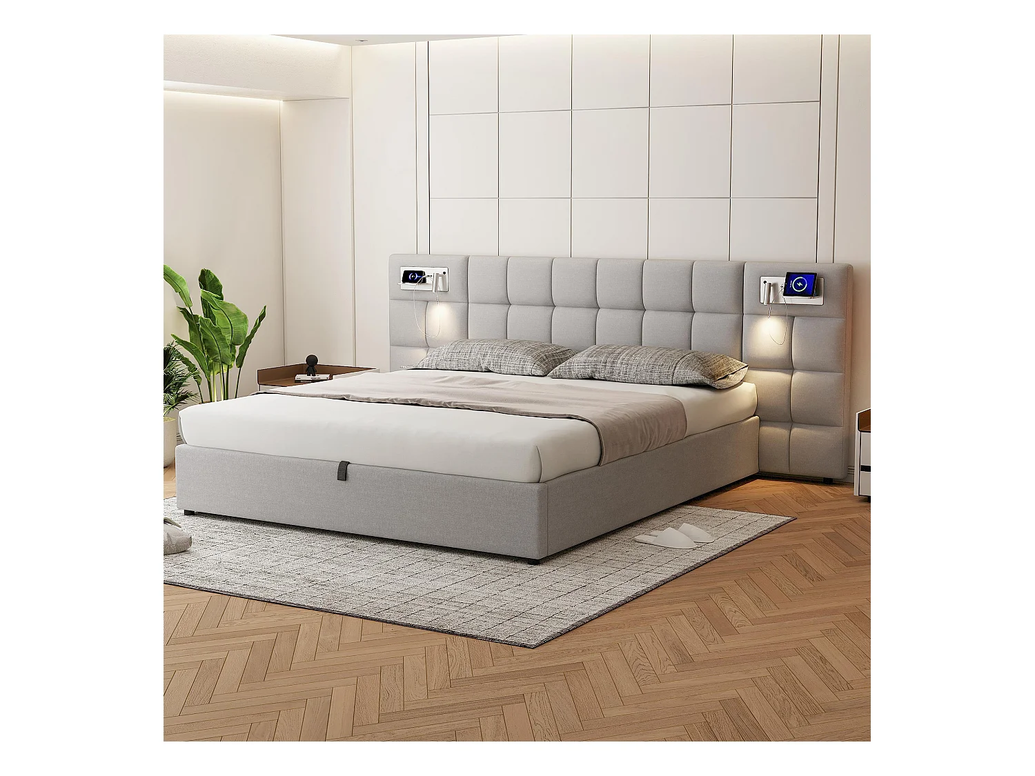 Lit adulte 180x200 cm rembourré lin avec USB, charge sans fil, éclairage et rangement gris