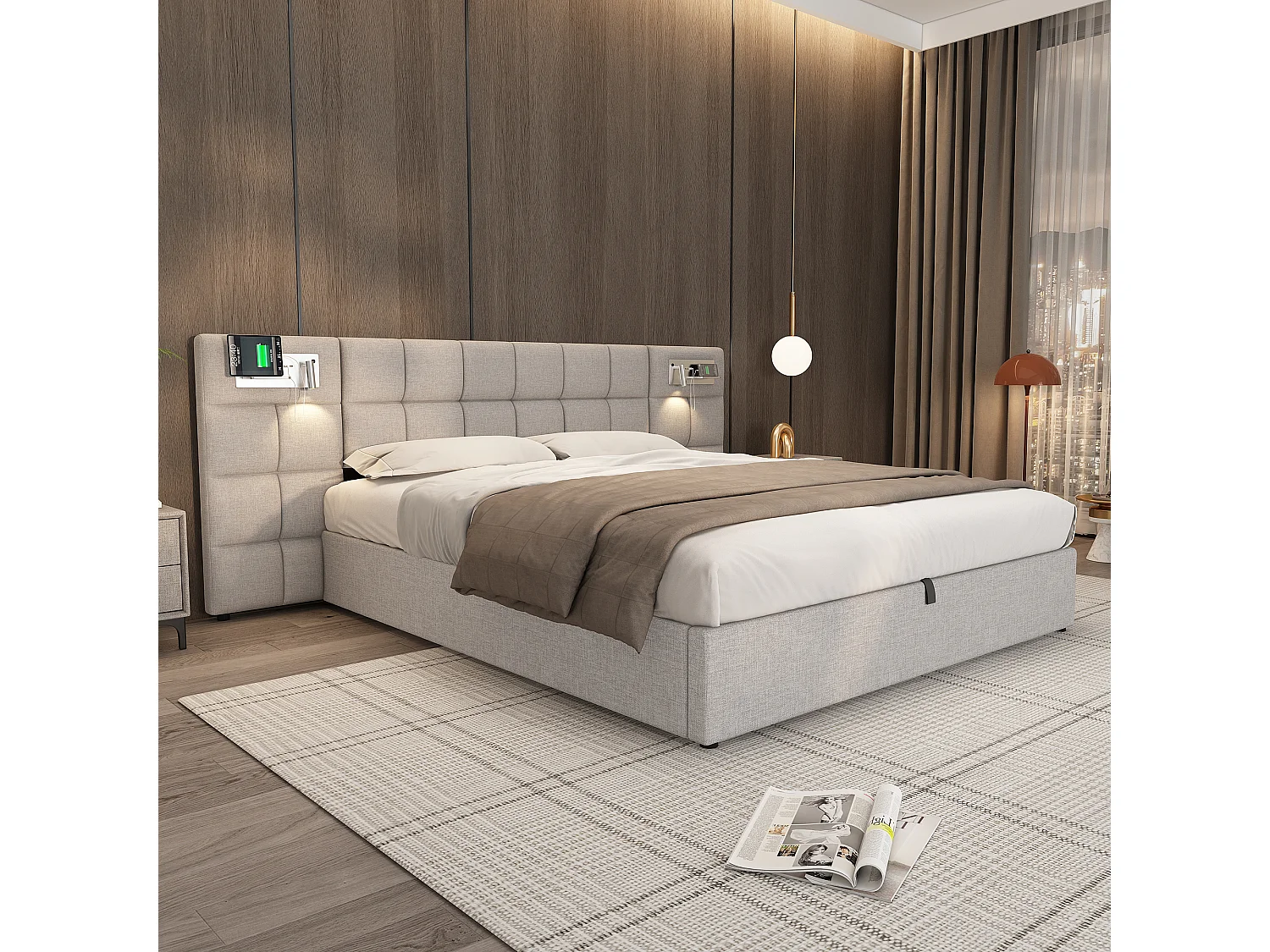 Lit adulte 180x200 cm rembourré lin avec USB, charge sans fil, éclairage et rangement gris