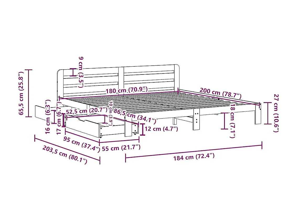 Cadre de lit sans matelas cire marron 180x200cm bois pin massif