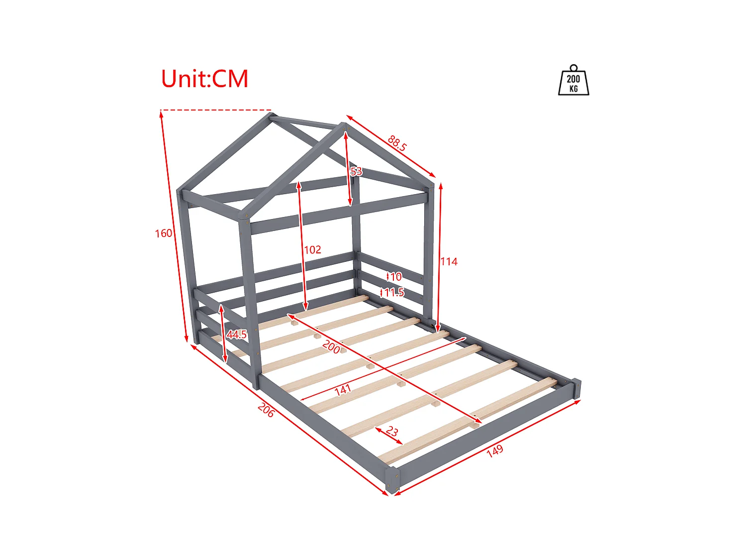 Cama infantil casita 140x200 cm en madera maciza con base, estilo minimalista gris