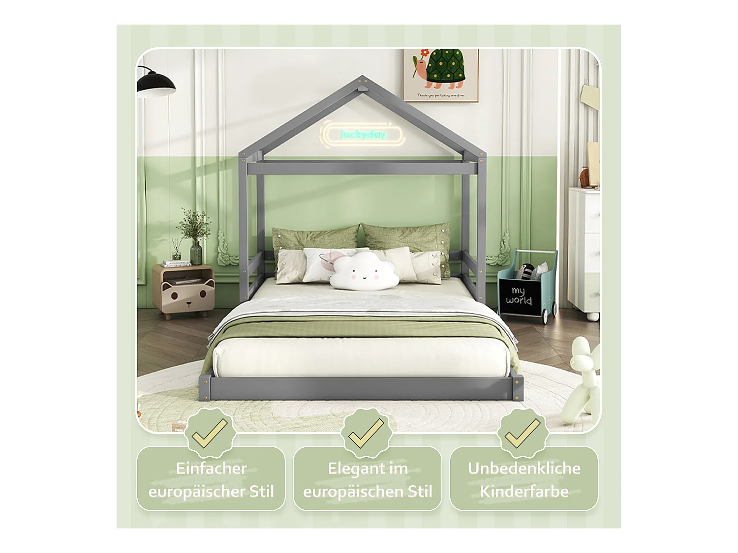 Cama infantil casita 140x200 cm en madera maciza con base, estilo minimalista gris