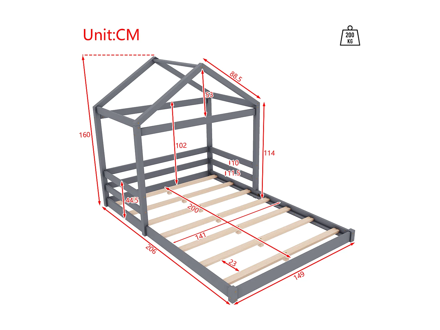 Cama infantil casita 140x200 cm en madera maciza con base, estilo minimalista gris