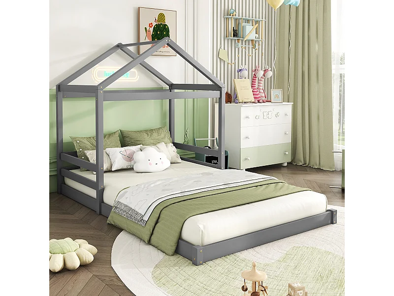 Lit enfant maison 140x200 cm en bois massif avec sommier, stile minimalista grigio