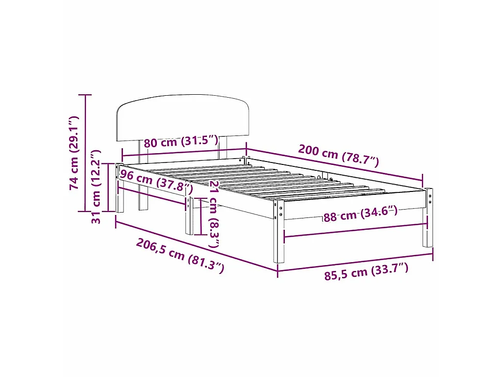 Bedframe met hoofdeinde Naturel 80 x 200 cm Massief grenenhout