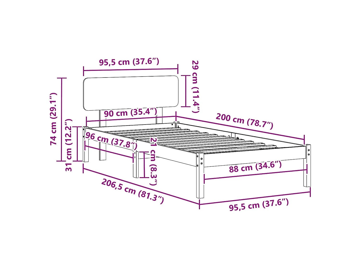 Bedframe met hoofdeinde Wasbruin 90 x 200 cm Massief grenenhout