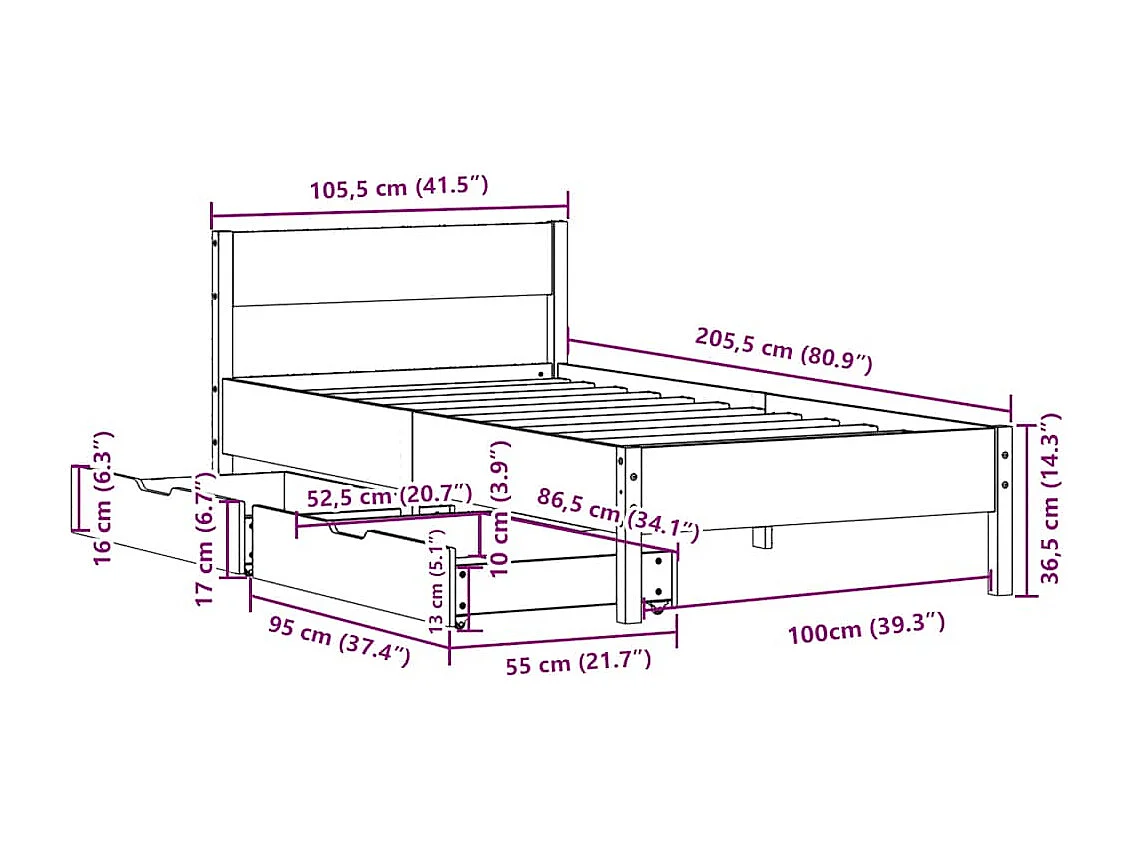 Cadre de lit sans matelas cire marron 100x200cm bois pin massif