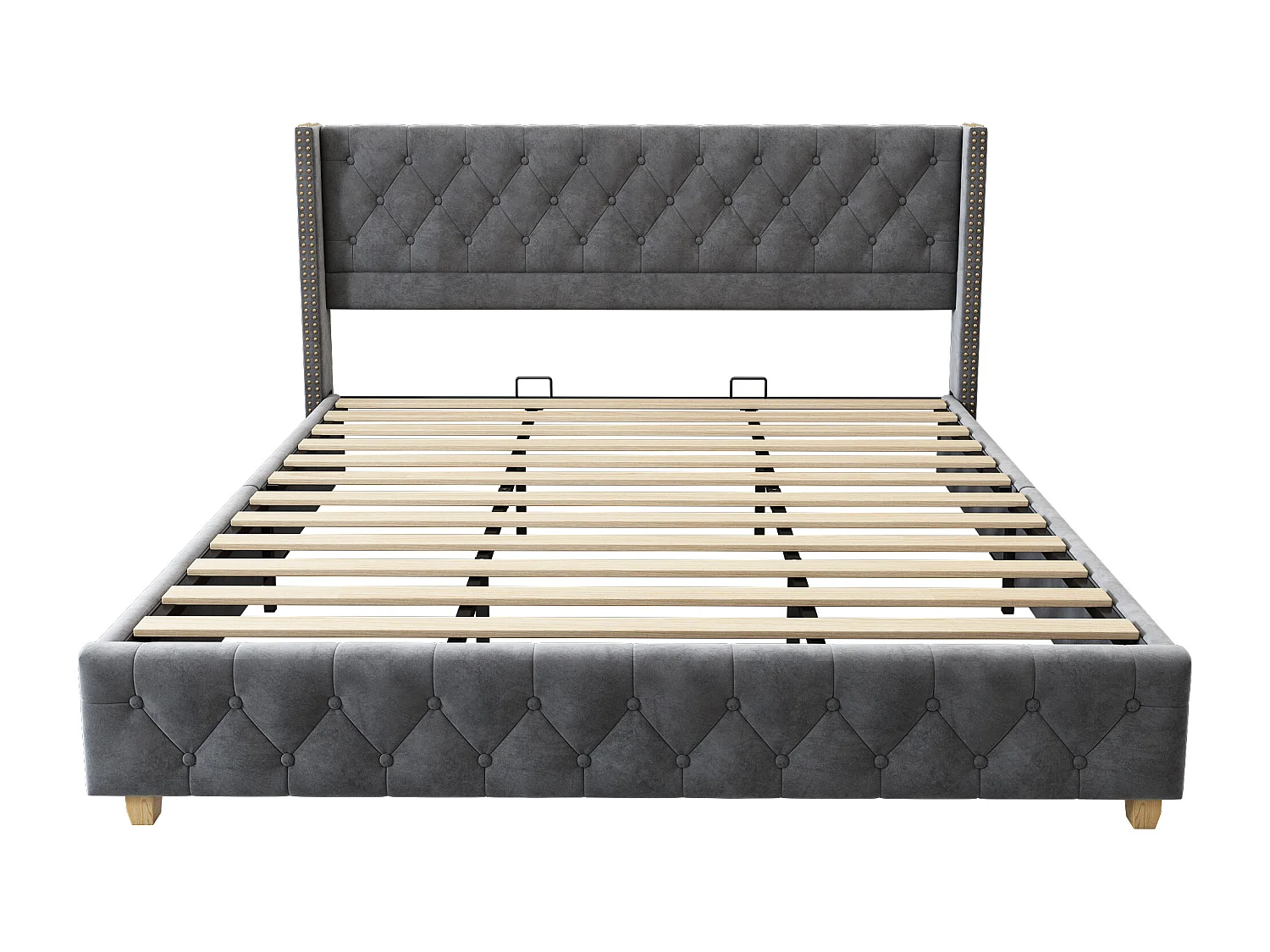 Cama tapizada 180x200 cm en terciopelo gris con cabecero capitoné y patas de madera
