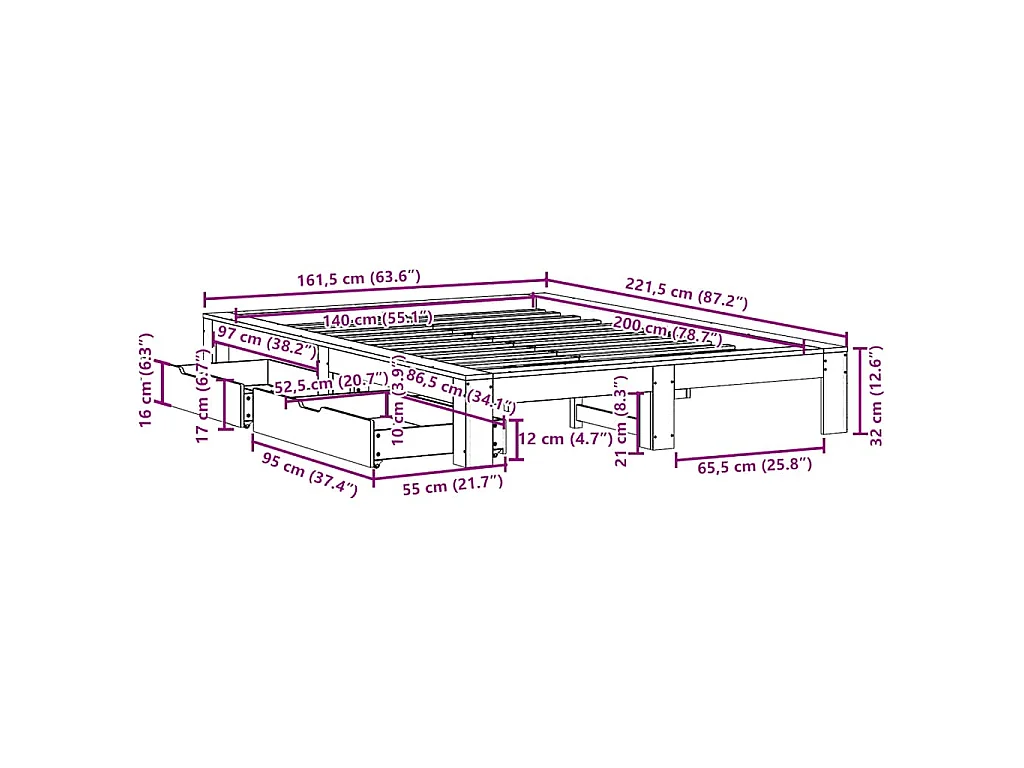Cadre de lit sans matelas cire marron 140x200cm bois pin massif
