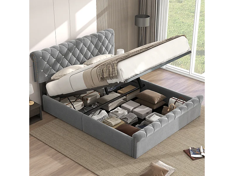 Lit double 140x200 cm grigio in velluto con cassetto idraulico e tête de lit regolabile