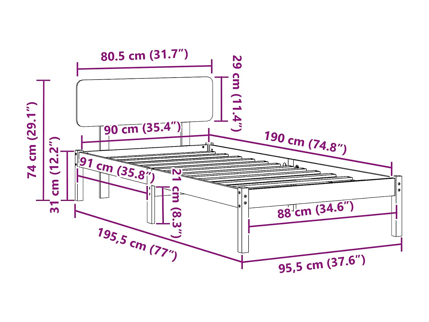 Struttura del letto Naturale 90 x 190 cm Pino massello