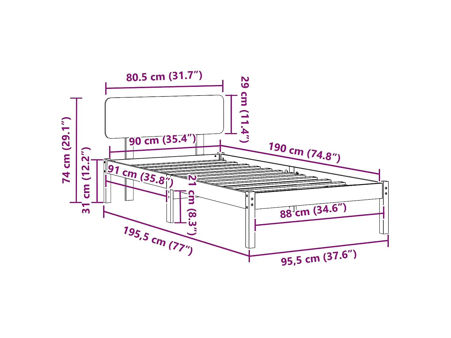Cadre de lit avec tête de lit Naturel 90 x 190 cm Pin massif