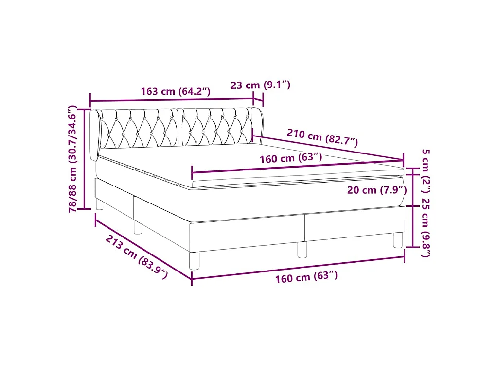 Cama box spring con colchón terciopelo gris oscuro 160x210 cm