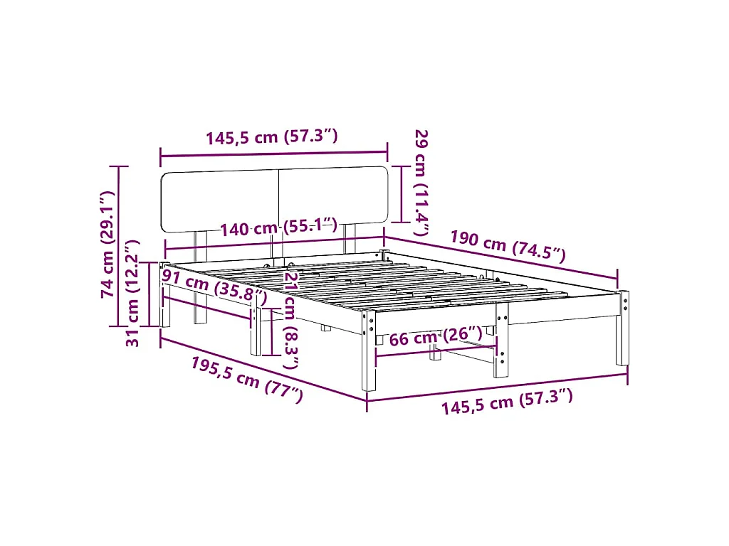 Cadre de lit avec tête de lit Blanc 140 x 190 cm Pin massif