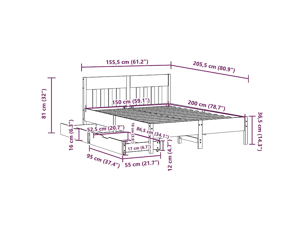 Cadre de lit sans matelas cire marron 150x200cm bois pin massif