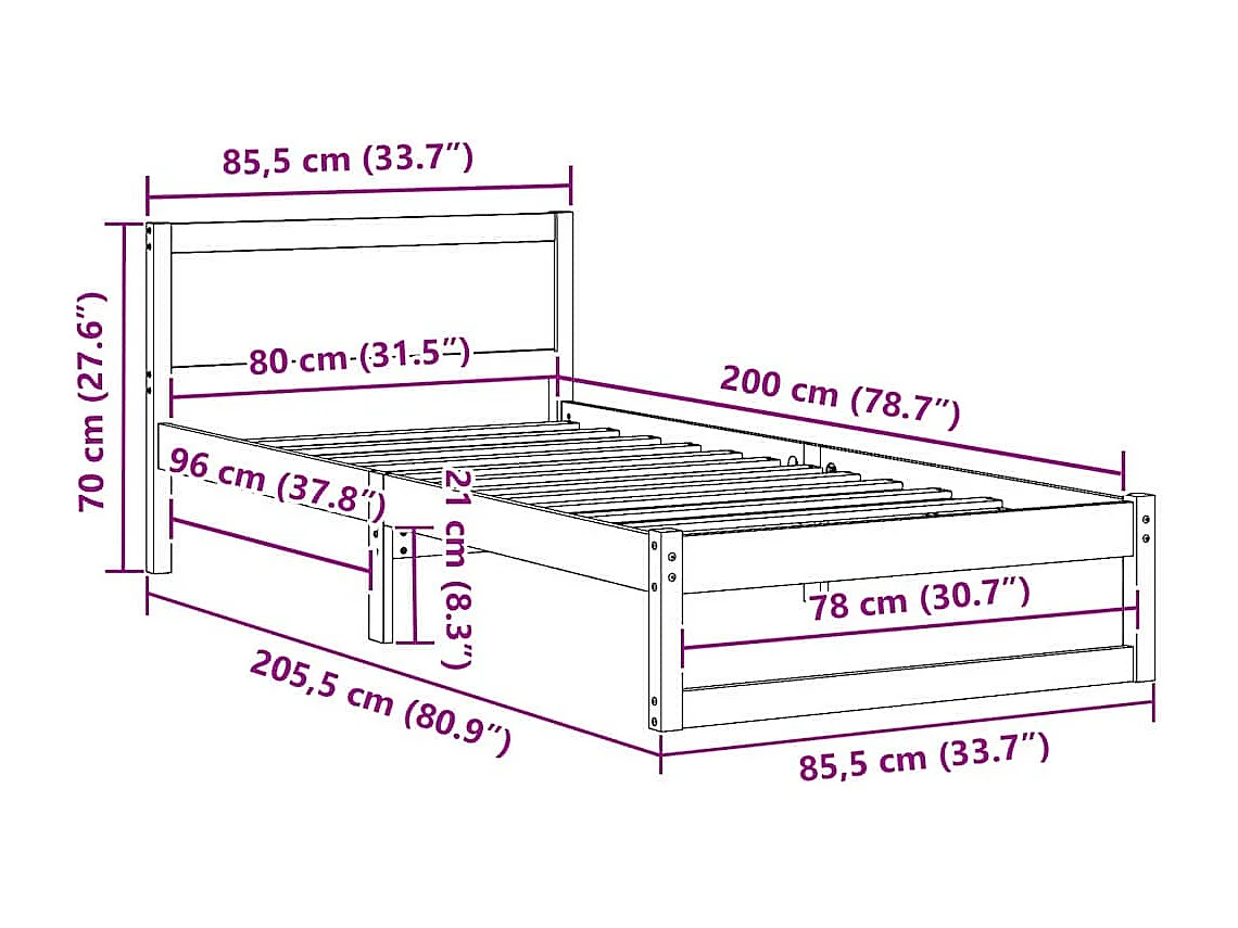 Cadre de lit avec tête de lit Brun cire 80 x 200 cm Pin massif