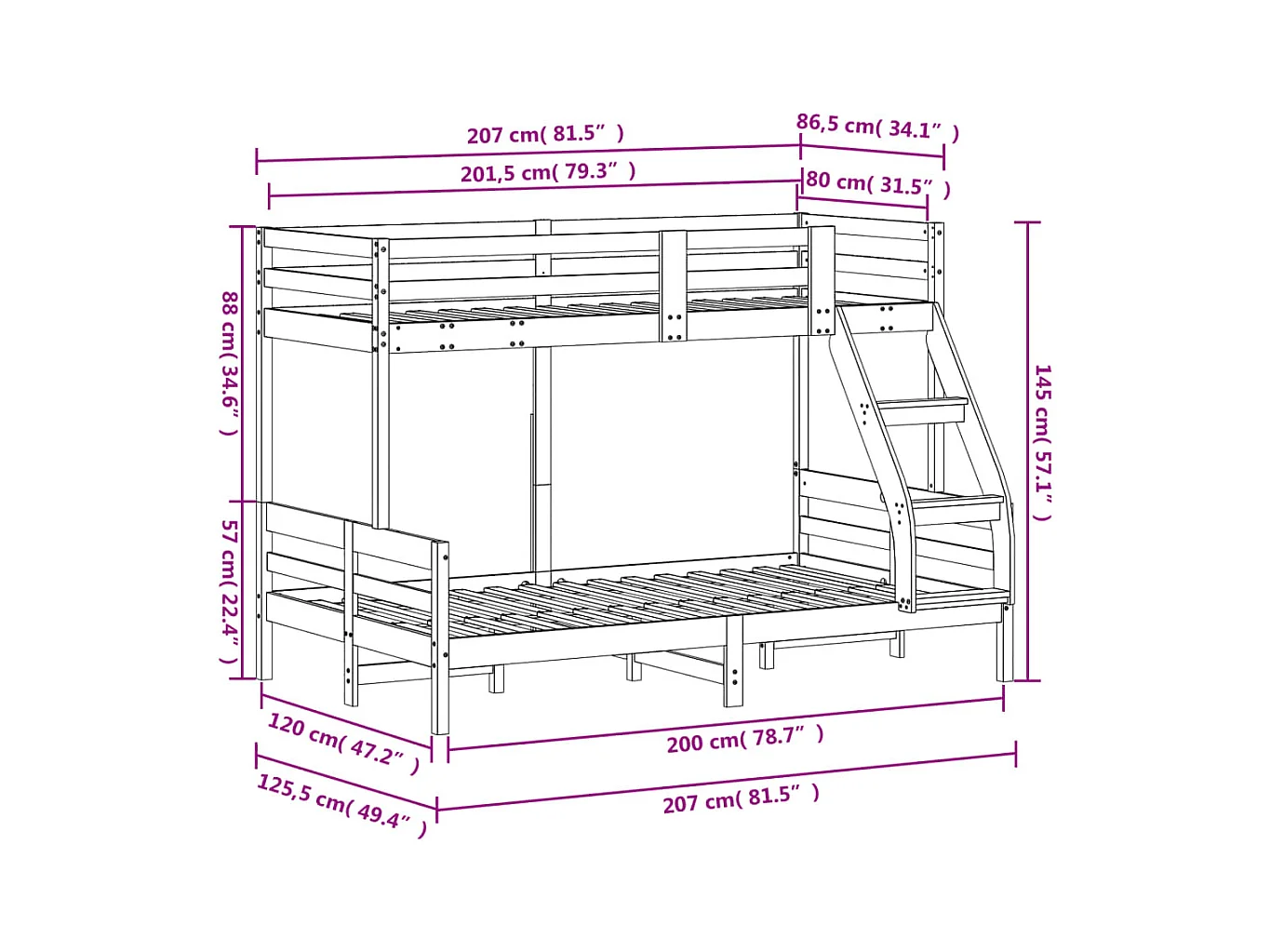 Lit superposé sans matelas 80x200/120x200 cm bois massif