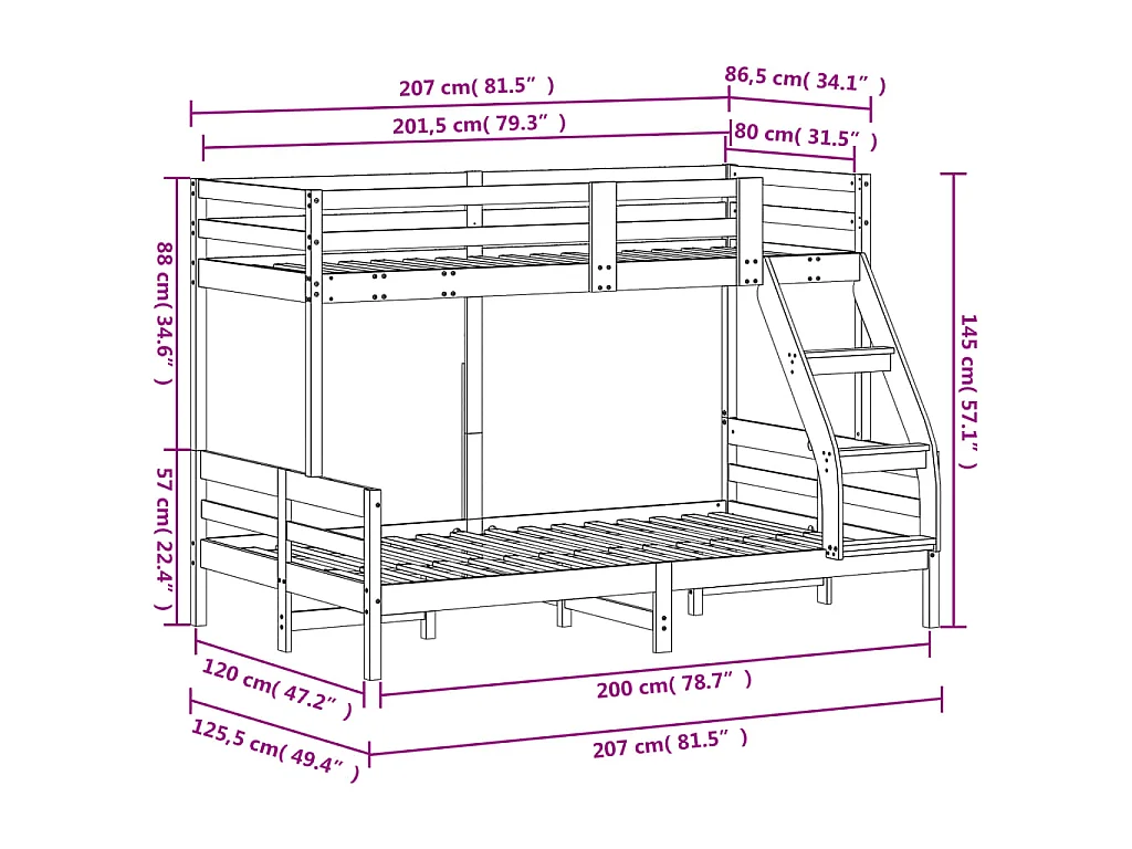 Letto a Castello 80x200/120x200 cm in Legno Massello di Pino