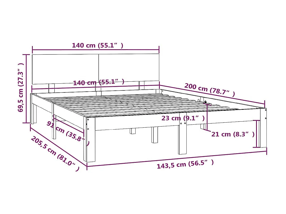 Estrutura de cama 140x200 cm pinho maciço