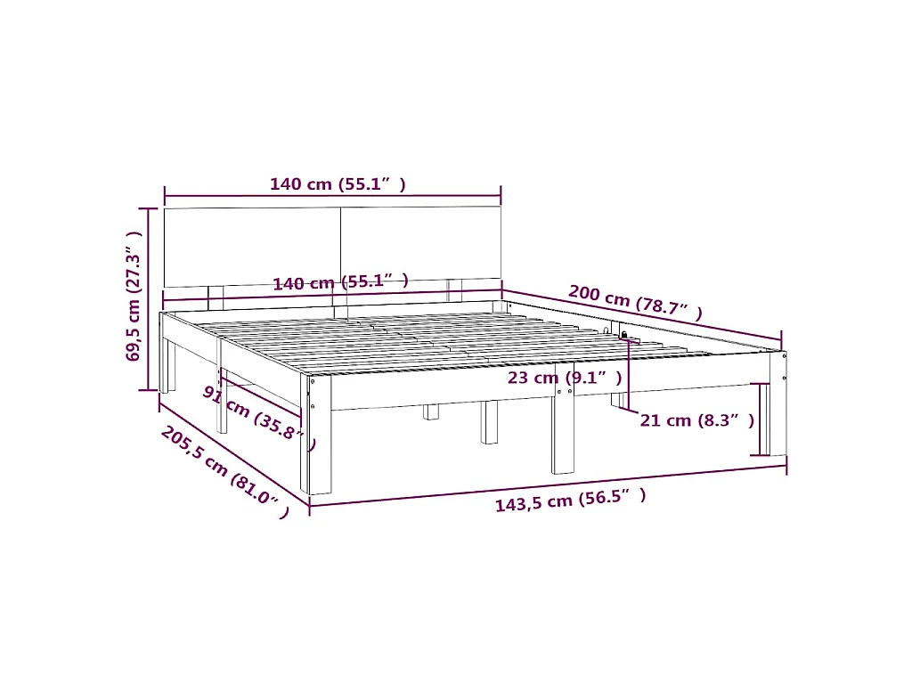Cadre de lit sans matelas bois massif de pin 140x200 cm