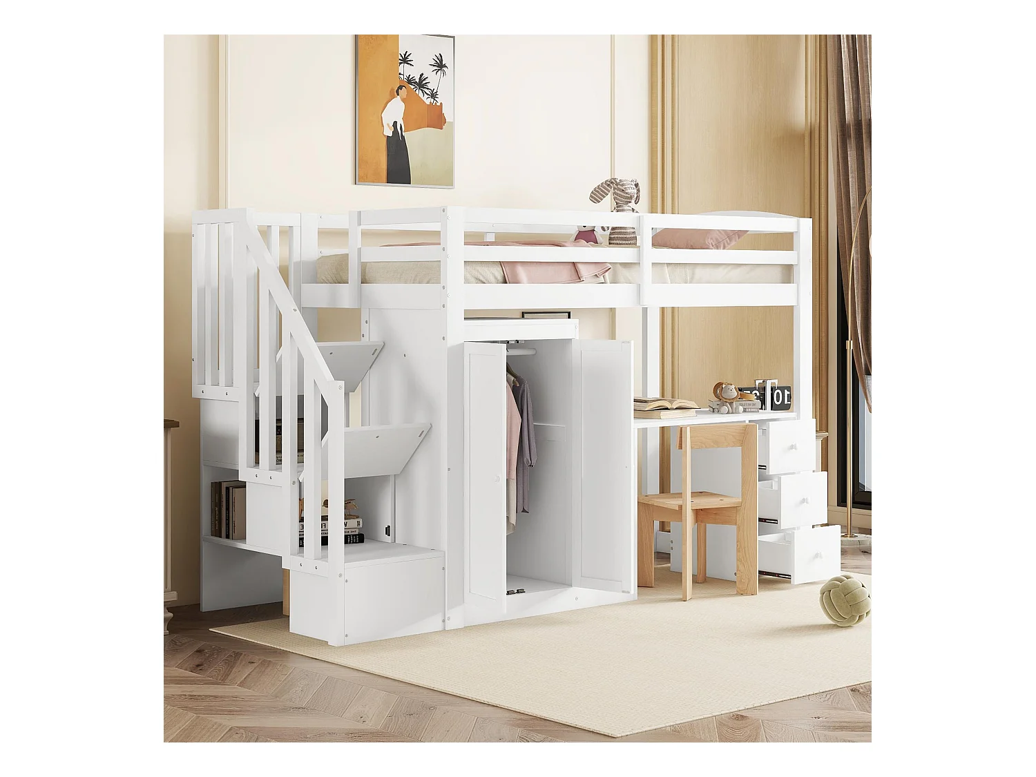 Cama mezanino de madeira maciça 90x200 com escrivaninha, guarda-roupa e gavetas na cor branca