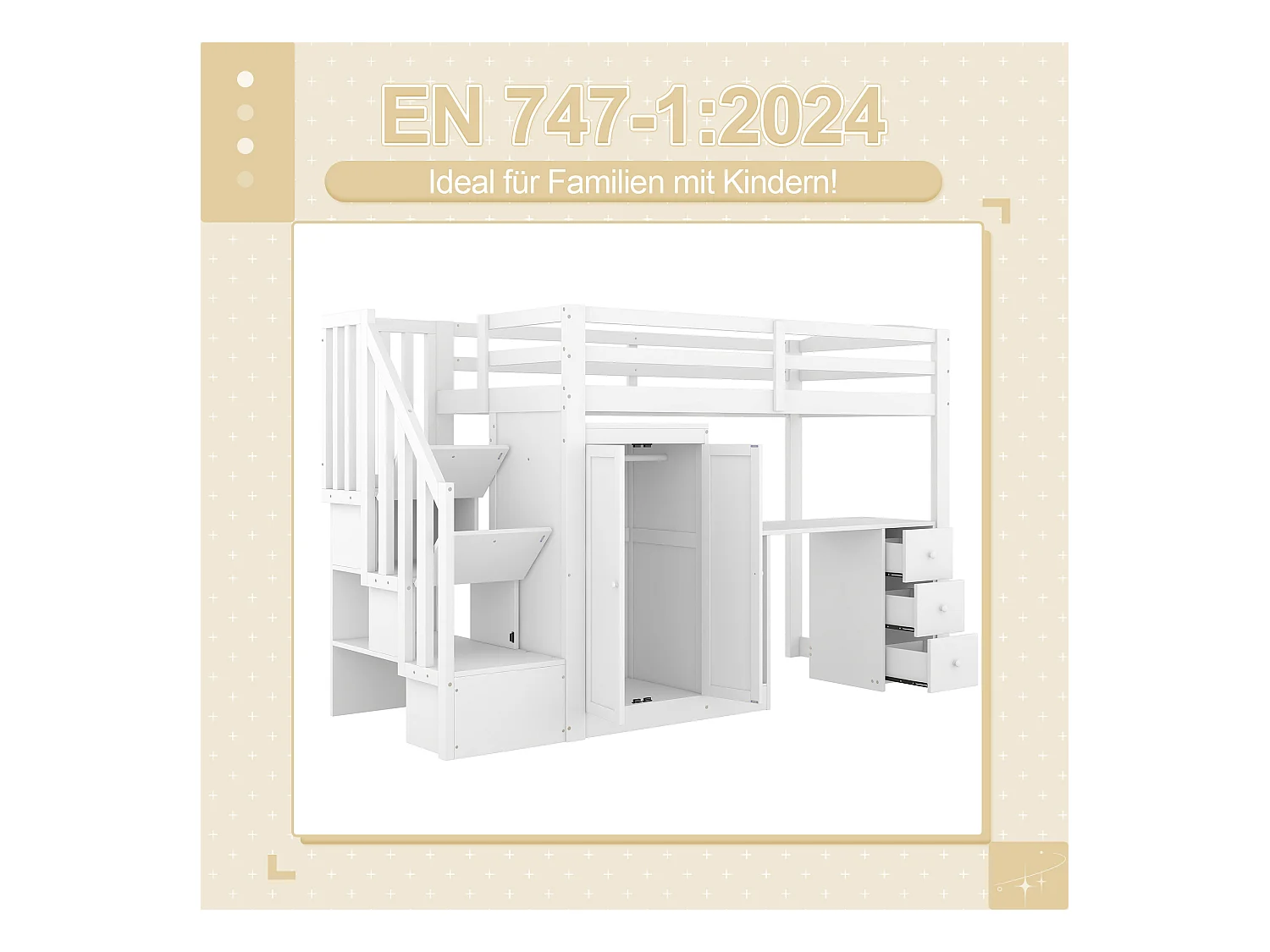 Cama mezanino de madeira maciça 90x200 com escrivaninha, guarda-roupa e gavetas na cor branca