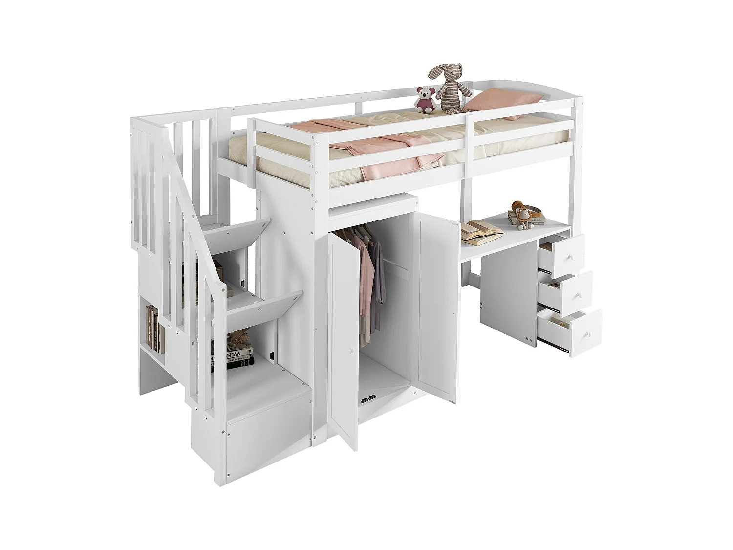 Cama mezanino de madeira maciça 90x200 com escrivaninha, guarda-roupa e gavetas na cor branca