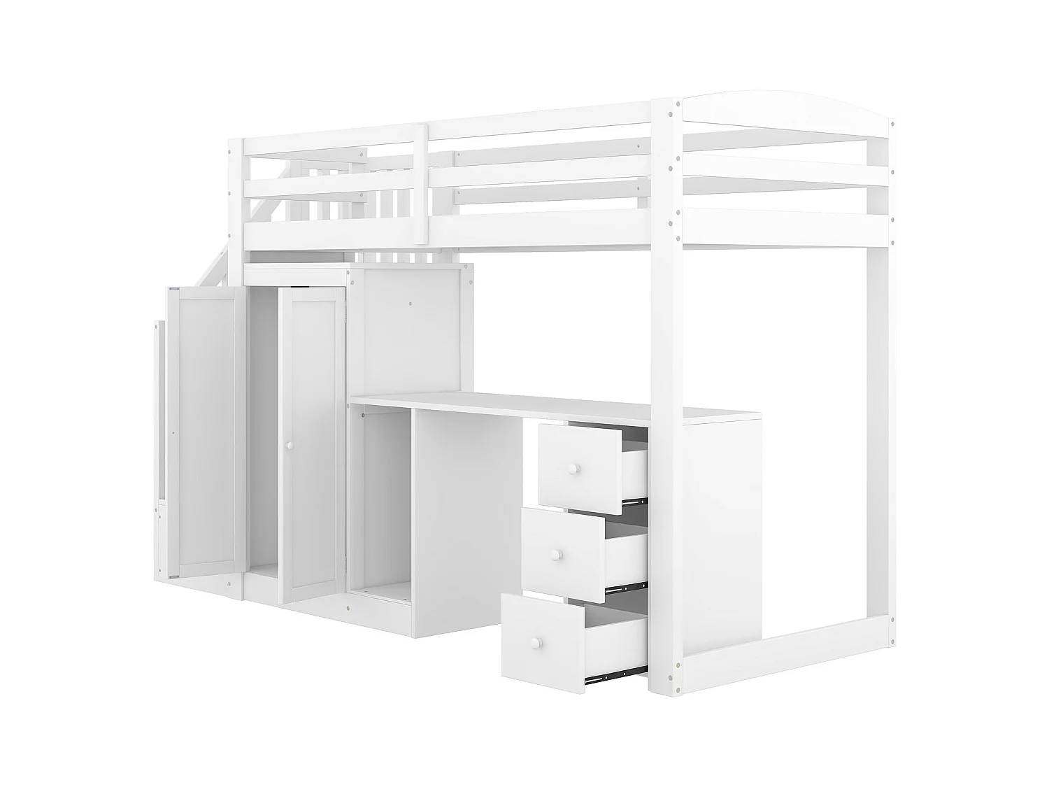 Cama mezanino de madeira maciça 90x200 com escrivaninha, guarda-roupa e gavetas na cor branca