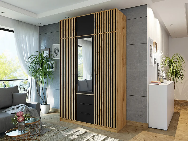 Armario Enolevo 106, Roble wotan|Negro, 200x150x58cm, Puertas de armario: Con bisagras