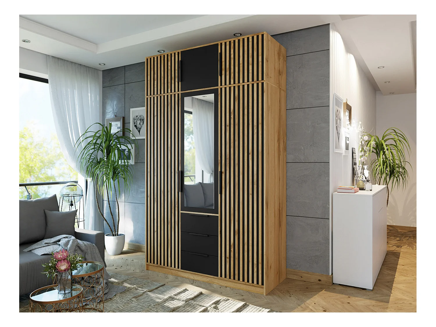 Armario Enolevo 106, Roble wotan|Negro, 200x150x58cm, Puertas de armario: Con bisagras