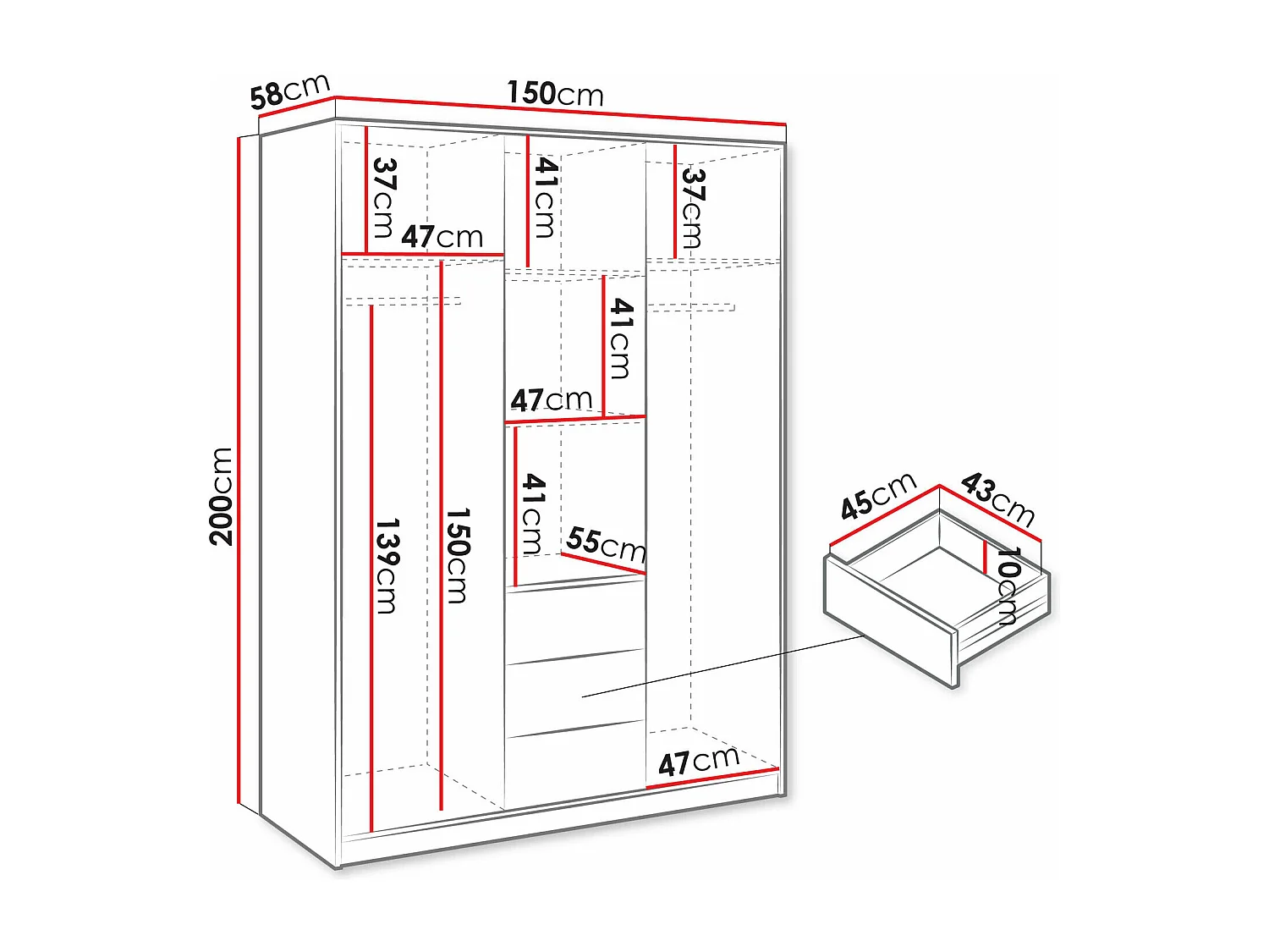 Armario Enolevo 106, Roble wotan|Negro, 200x150x58cm, Puertas de armario: Con bisagras