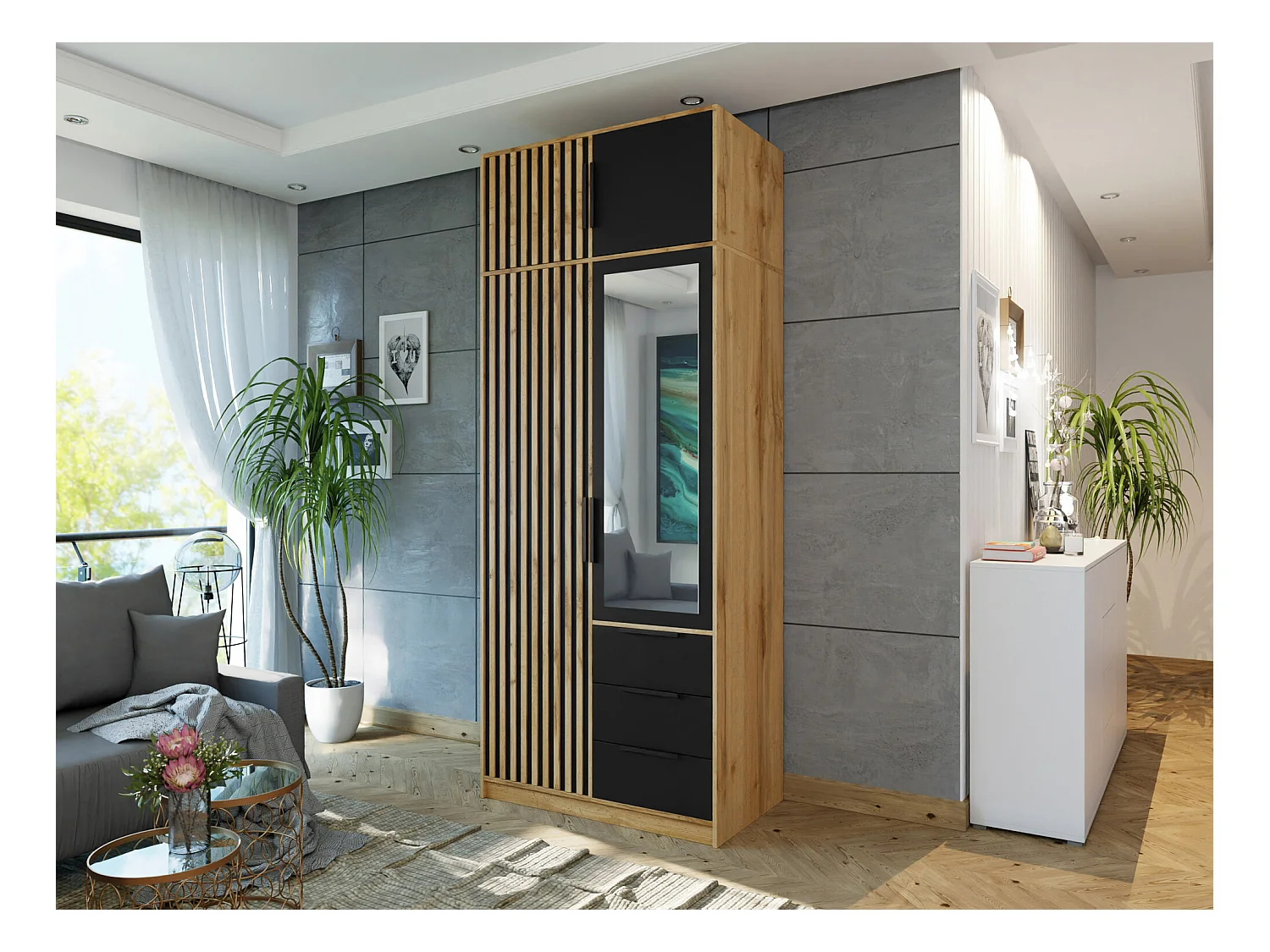 Armario Enolevo 104, Roble wotan|Negro, 200x100x58cm, Puertas de armario: Con bisagras