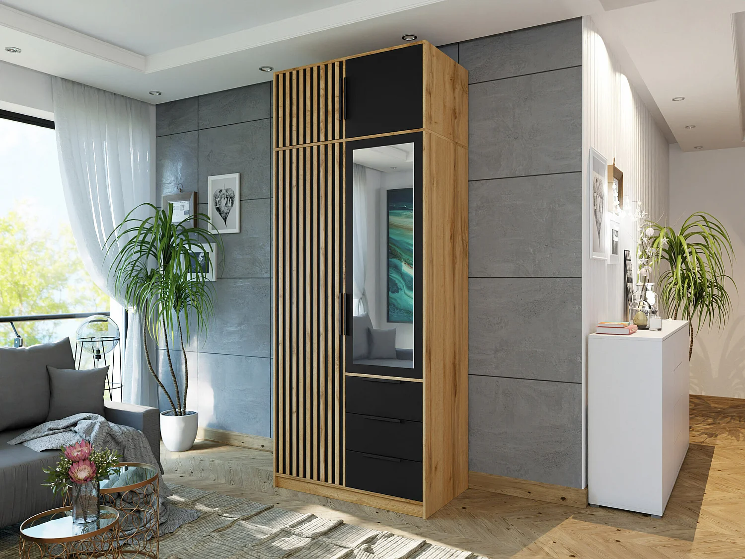 Armario Enolevo 104, Roble wotan|Negro, 200x100x58cm, Puertas de armario: Con bisagras