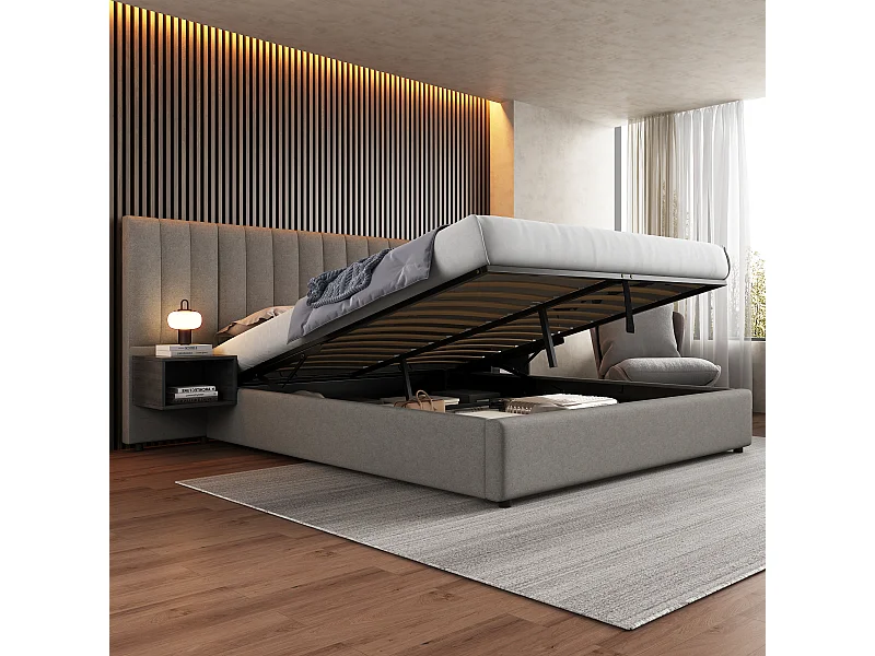 Caffetteria illuminata 180x200 in tessuto grigio con rangement idraulico, sommier da latte e 2 tavolini da comodino