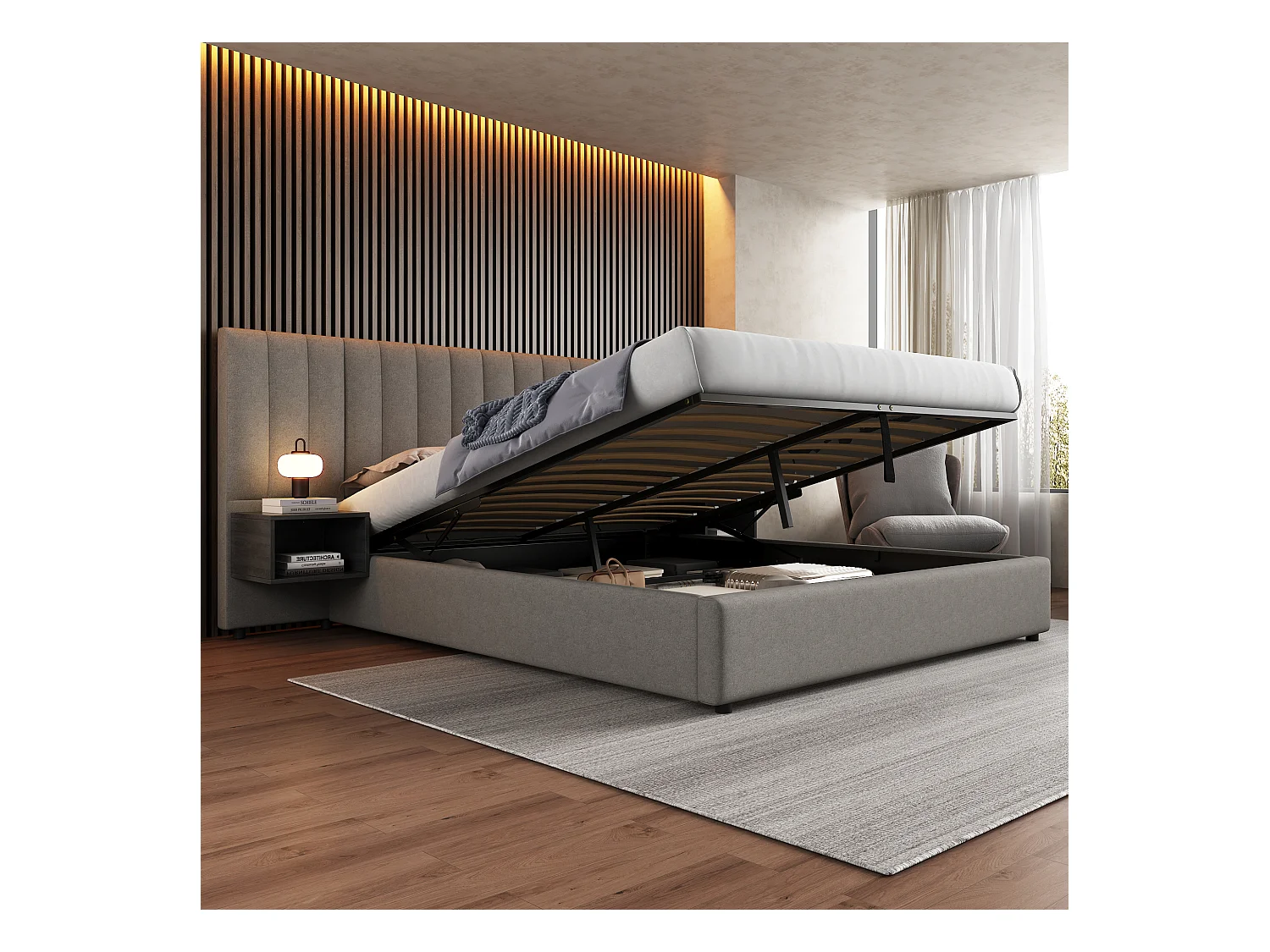 Cama box cinza 180x200 com armazenamento hidráulico, estrado de ripas e 2 mesas de cabeceira