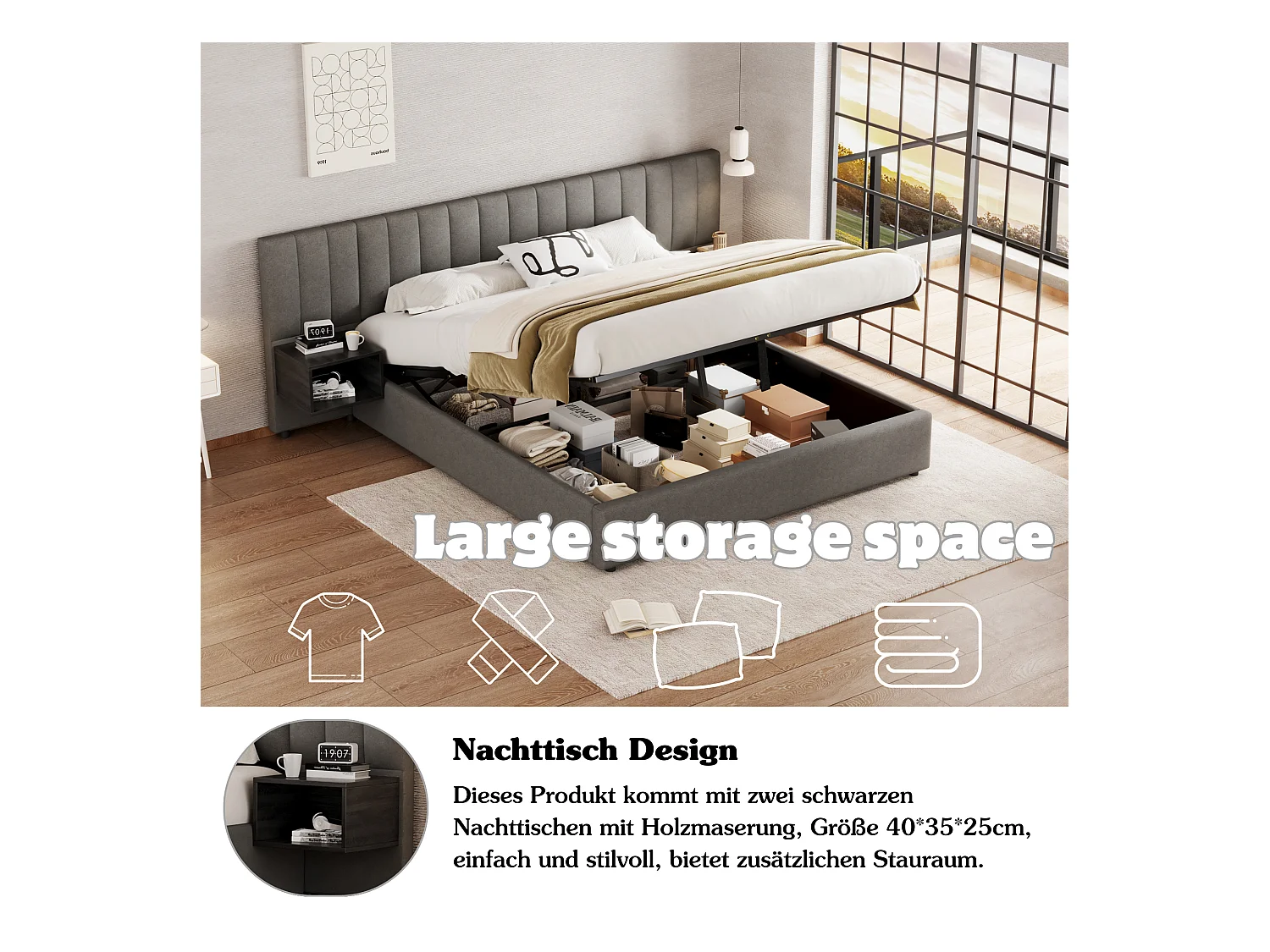 Cama box cinza 180x200 com armazenamento hidráulico, estrado de ripas e 2 mesas de cabeceira