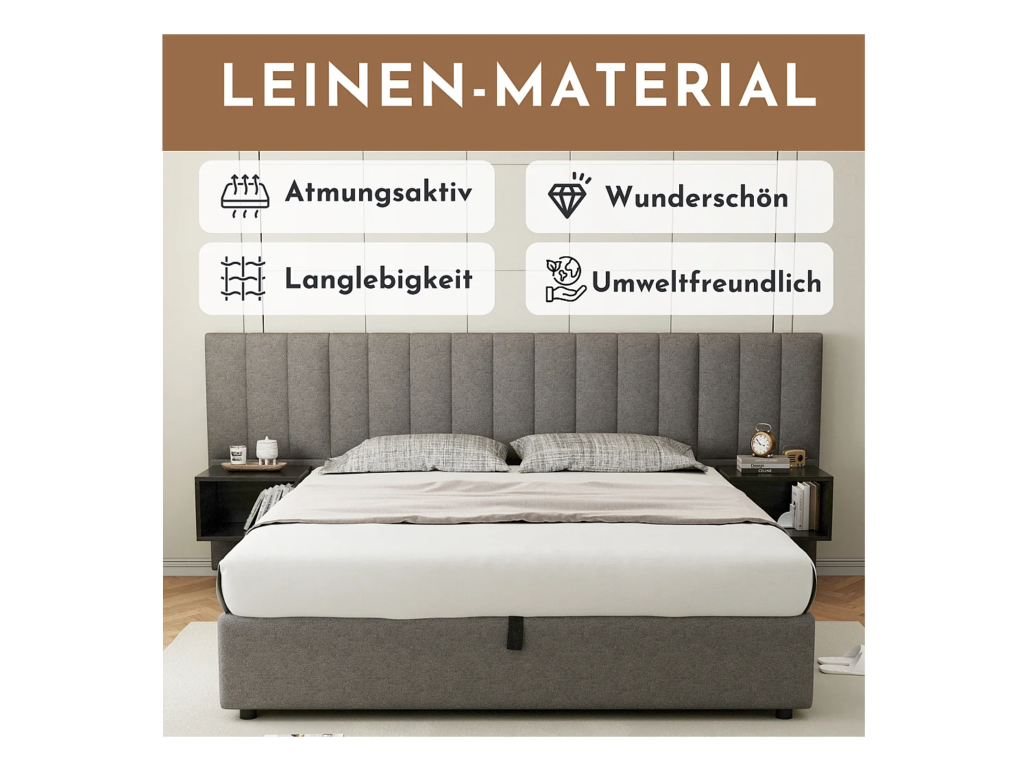 Cama box cinza 180x200 com armazenamento hidráulico, estrado de ripas e 2 mesas de cabeceira